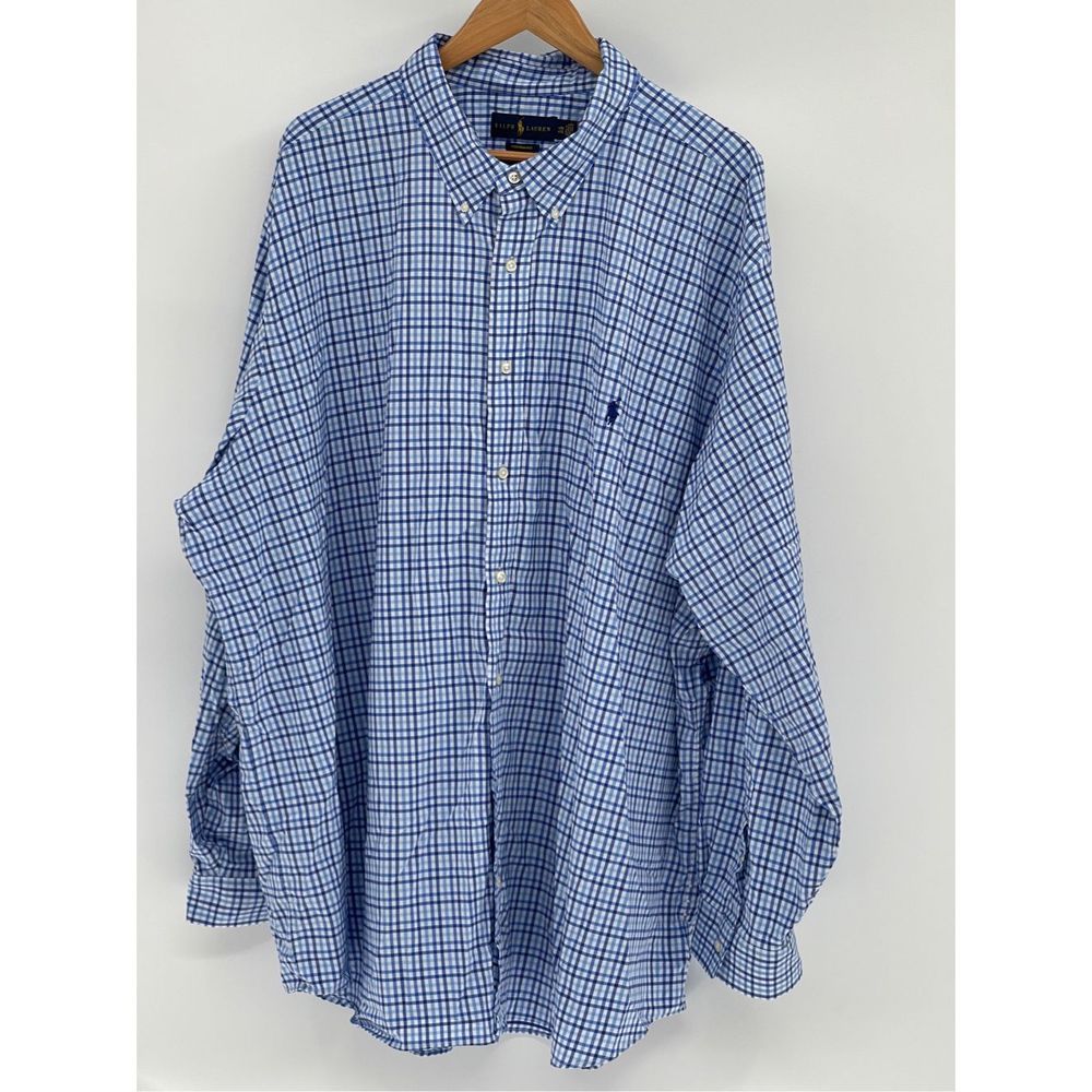 Ralph Lauren Button Down‎ Shirt Men 4XL B Tall Blue Plaid Check Performance